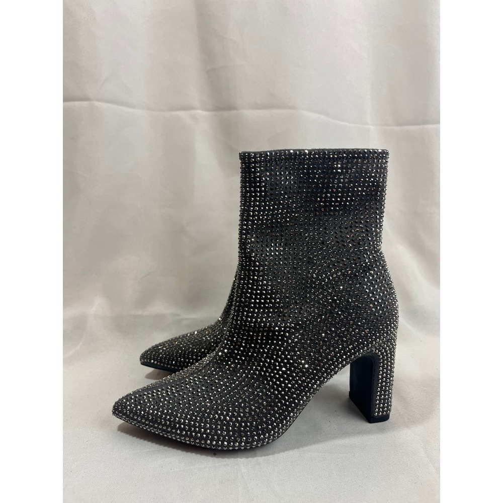 A New Day Womens Rhinestone Ankle Boots Black Silver Studded Block‎ Heel 6 NWT